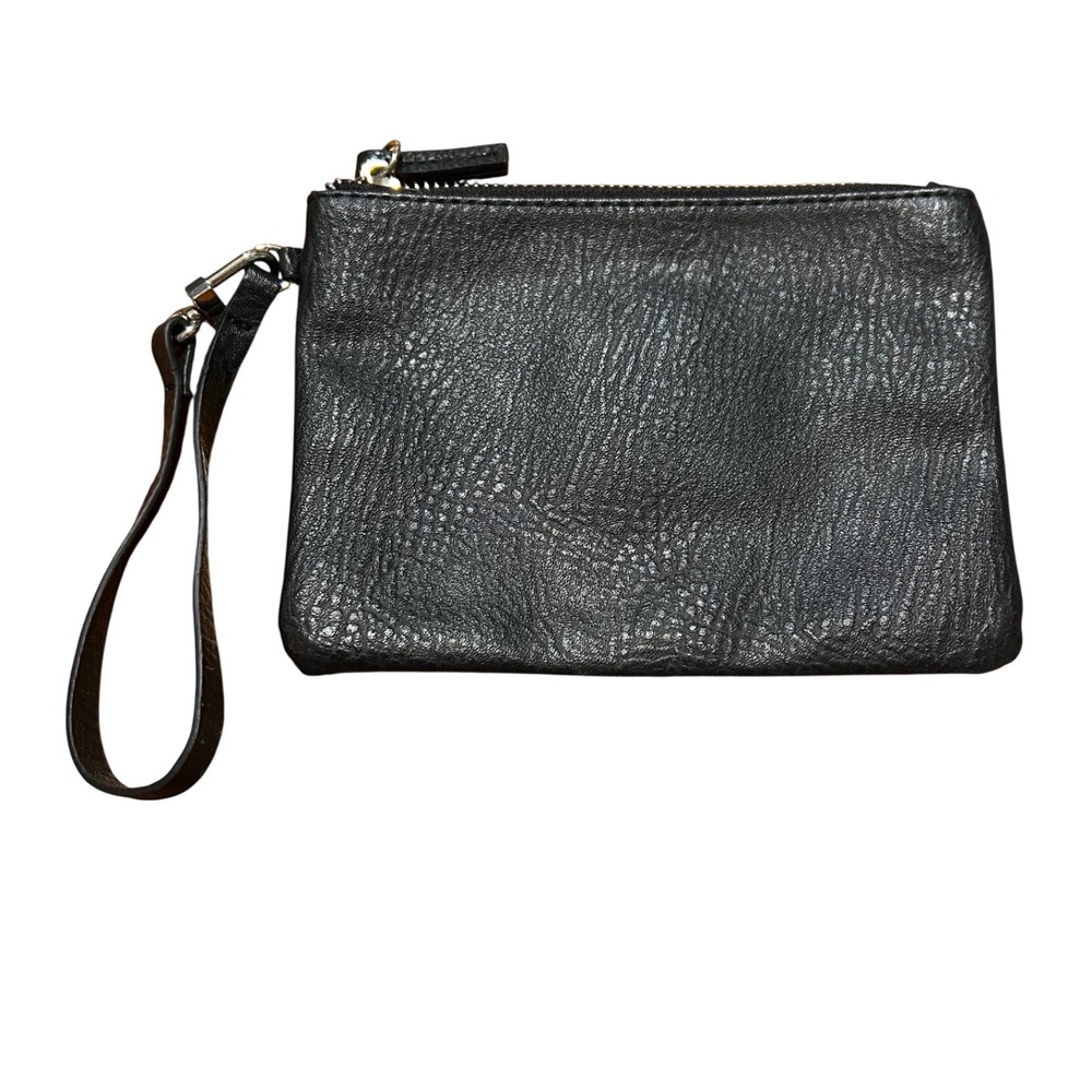 Steve Madden Black Pebbled Faux Leather Zip Top Wristlet Pouch Bag Silver Tone